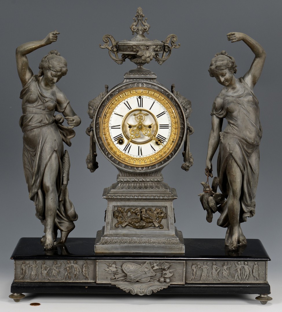 Lot 763: Ansonia Double Figural Clock, Fisher & Hunter