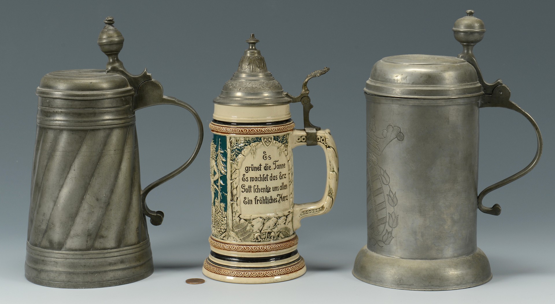 Lot 769: 3 Ceramic and Pewter Steins