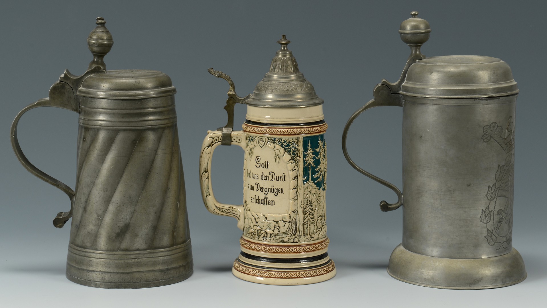 Lot 769: 3 Ceramic and Pewter Steins