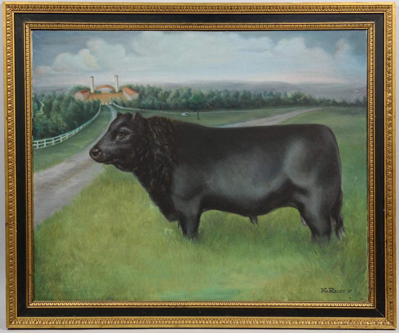 Lot 793: Folk Art Oil on Canvas of Bull, signed Riley