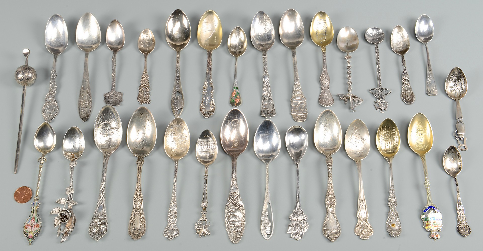Lot 819: 29 Souvenir Spoons plus pick, most sterling