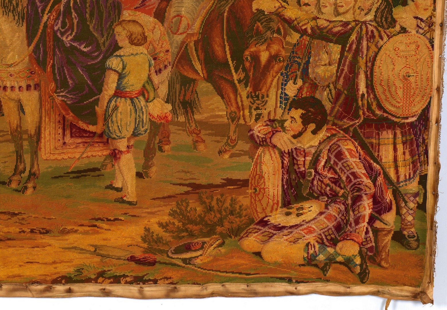 Lot 847: 19th c. Embroidered Tapestry, Medieval Scene