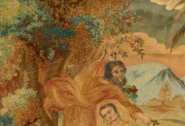 Lot 848: 19th C. Needlework & Watercolor Madonna & Child Scene