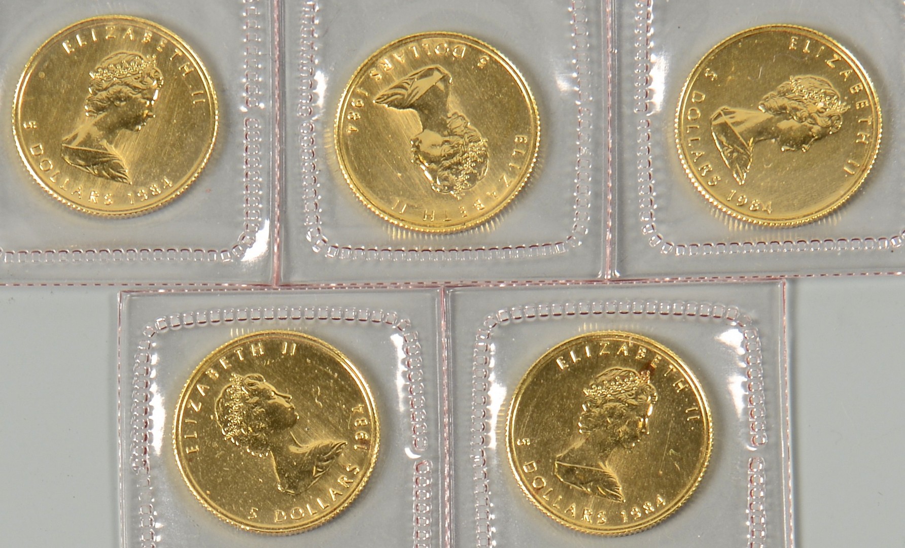 Lot 864: 5 Canadian Maple Leaf 1/10 24K Coins