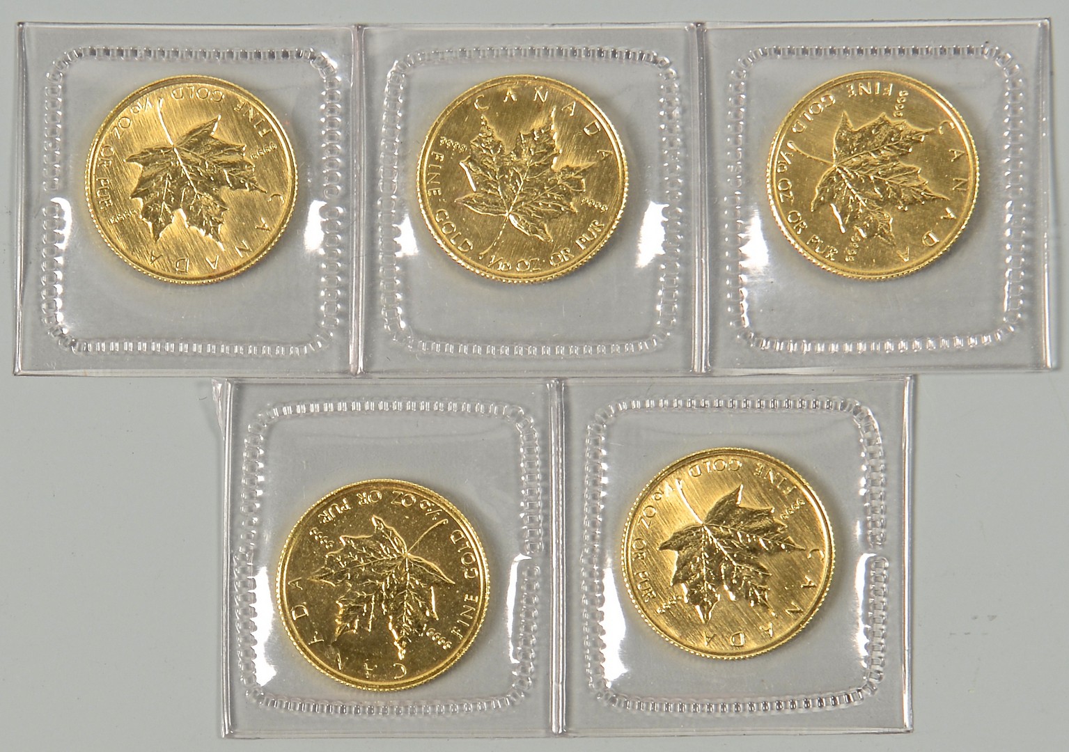 Lot 864: 5 Canadian Maple Leaf 1/10 24K Coins