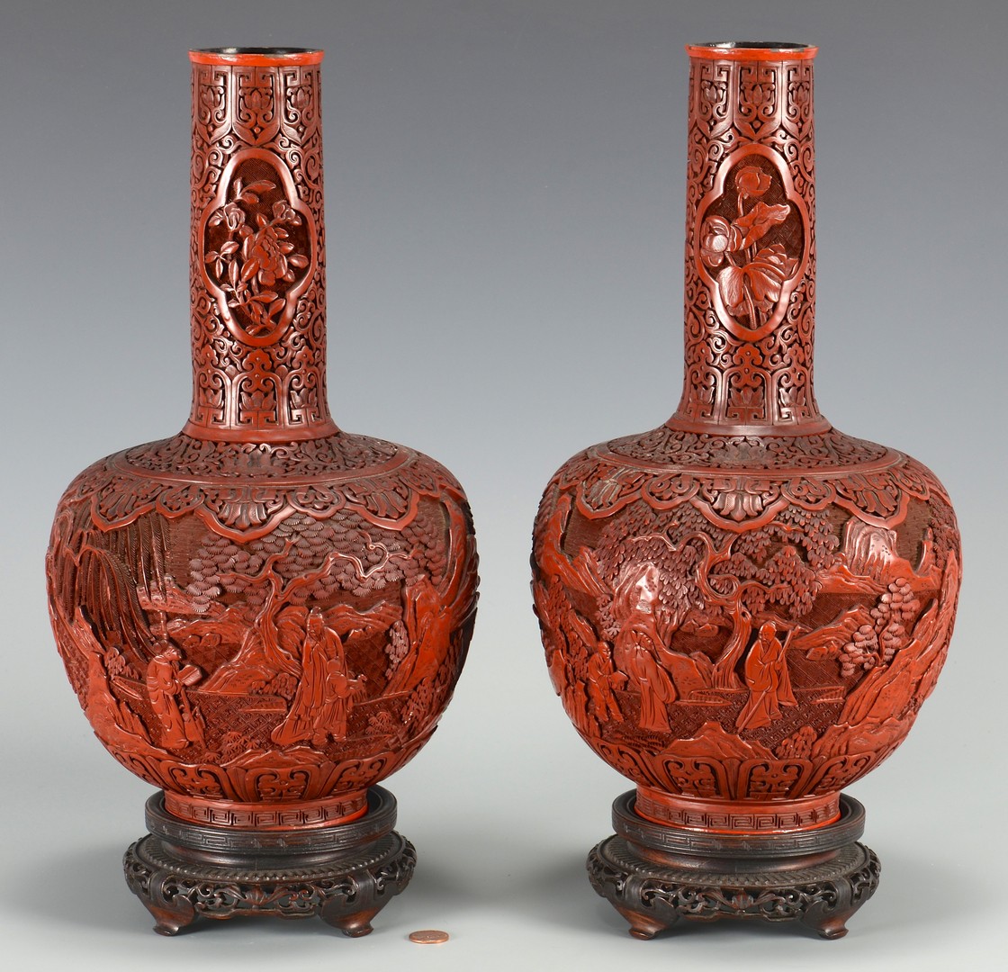 Lot 8: Pr. Chinese Cinnabar Bottle Form Vases