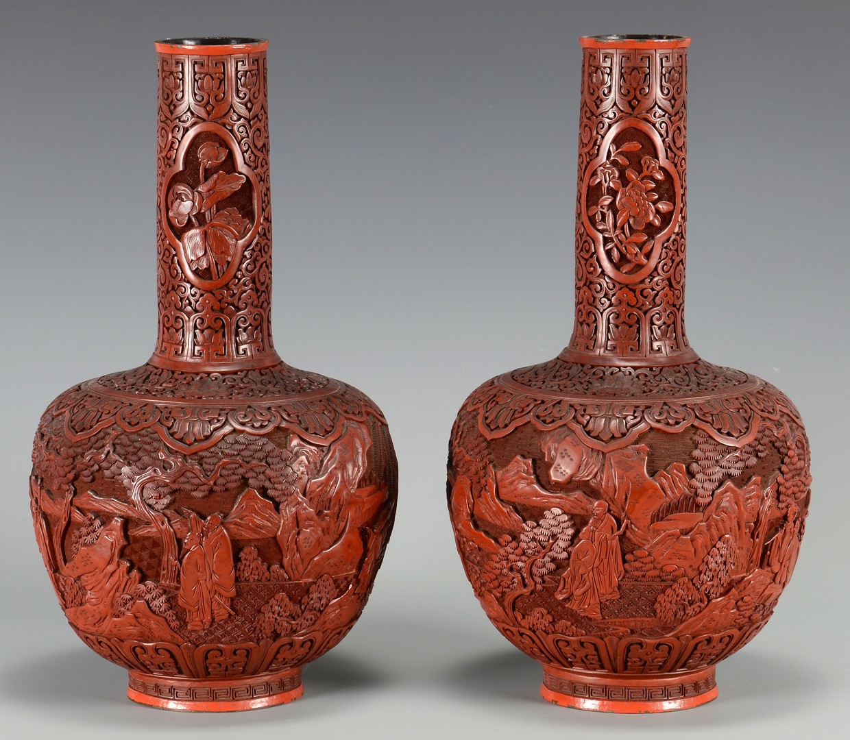 Lot 8: Pr. Chinese Cinnabar Bottle Form Vases