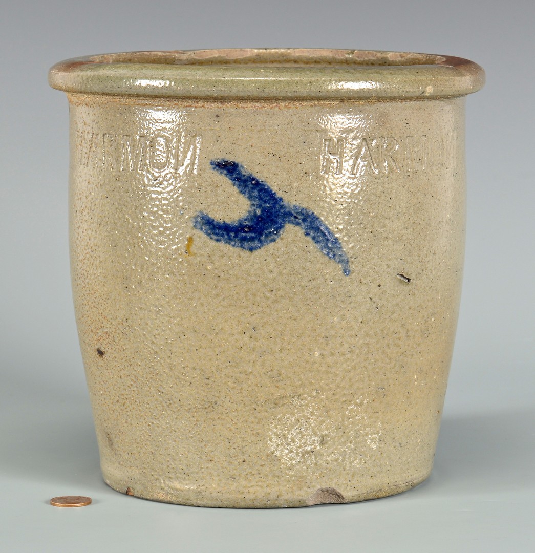 Lot 144: East TN M. P. Harmon Stoneware Jar, Cobalt Decor.
