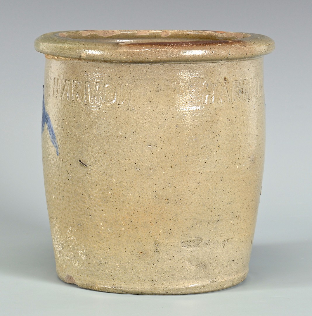 Lot 144: East TN M. P. Harmon Stoneware Jar, Cobalt Decor.