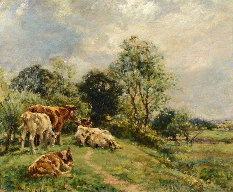 Lot 191: Mark Fisher Oil on Canvas Landscape w/ Cows