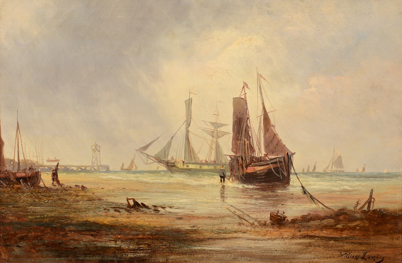 Lot 214: William Langley Seascape, Ship In Harbor