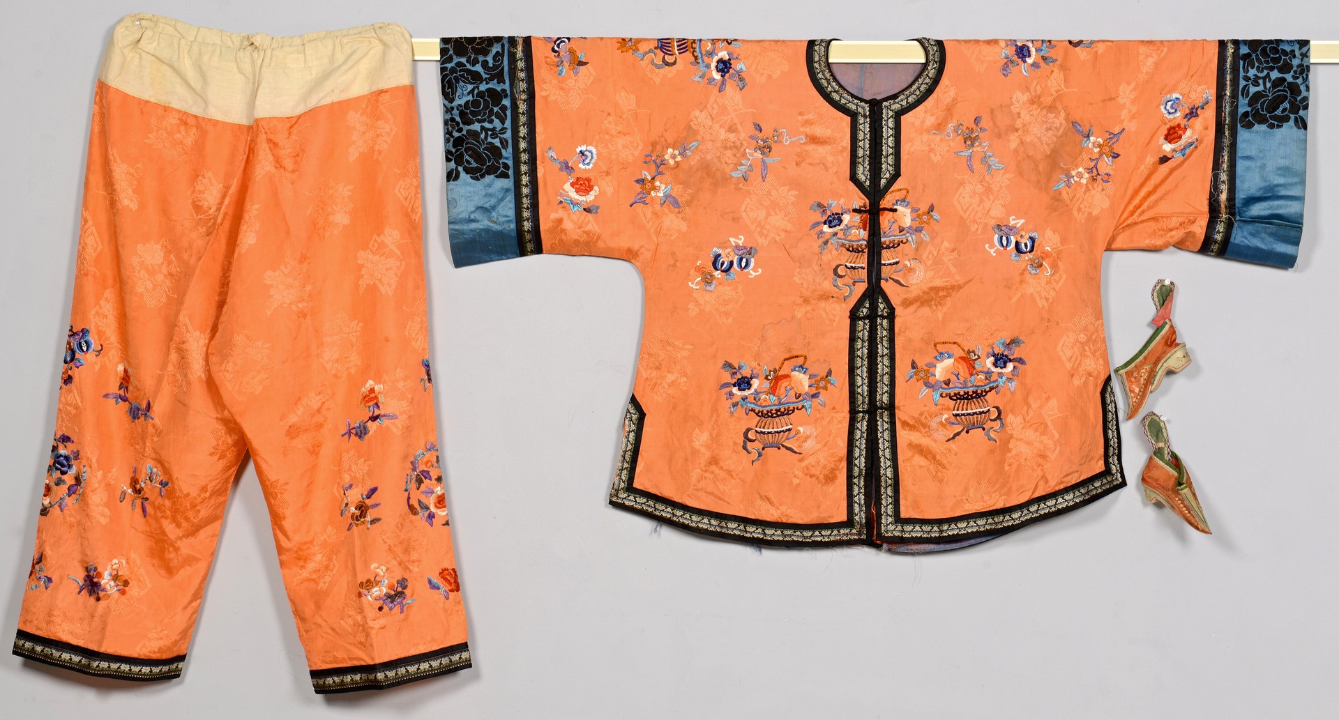 Lot 28: Chinese Mandarin Robe & Pants w/ Binding Shoes