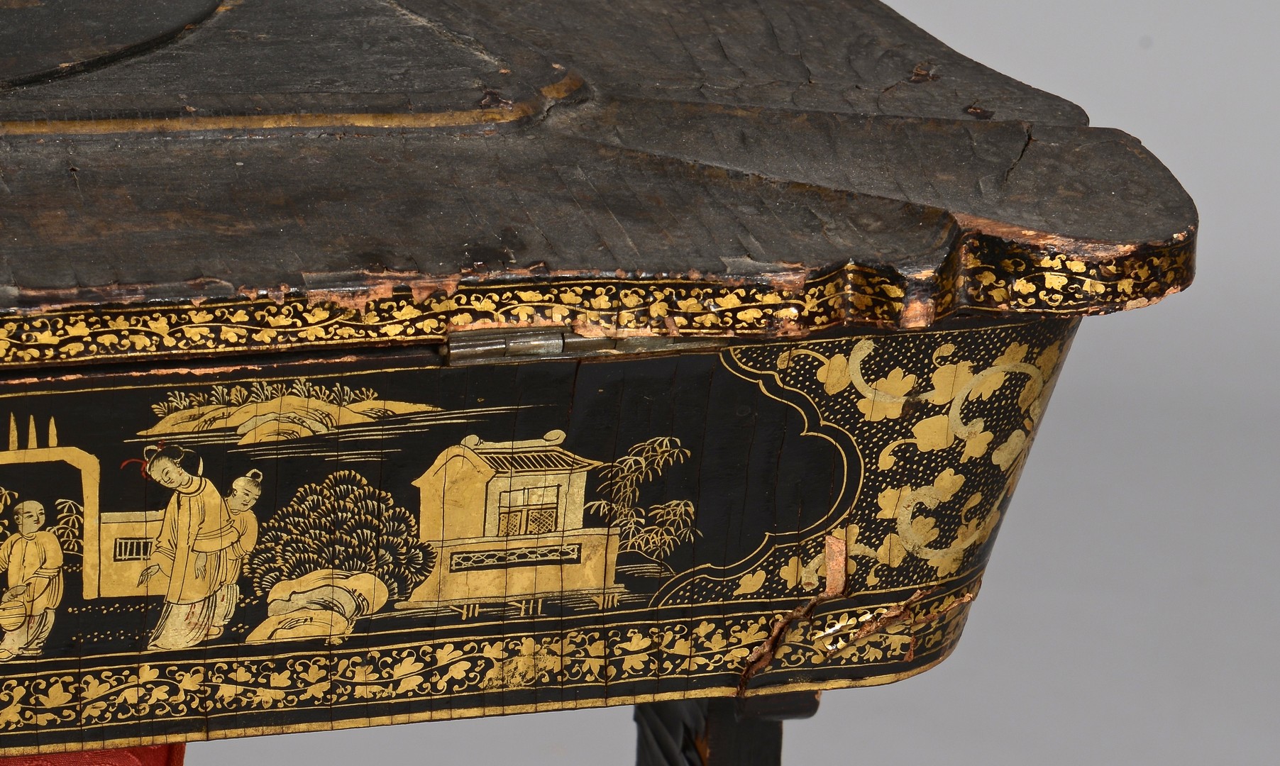 Lot 29: Chinese Lacquer Sewing Table w/ Gilt Decoration w/