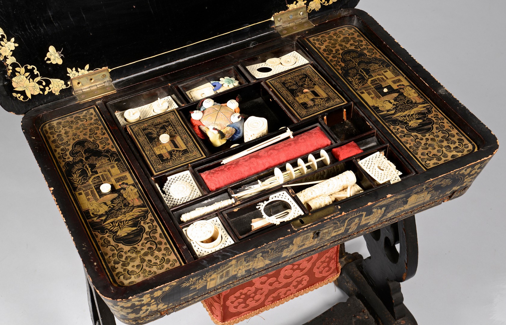 Lot 29: Chinese Lacquer Sewing Table w/ Gilt Decoration w/