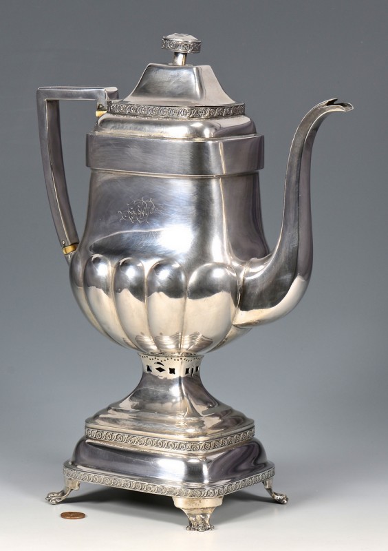 Lot 319: NY Coin Silver Coffee Pot w/ Warming Stand