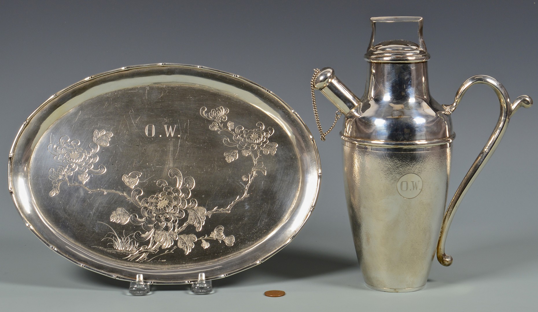 Lot 33: Chinese Silver Cocktail Shaker and Tray