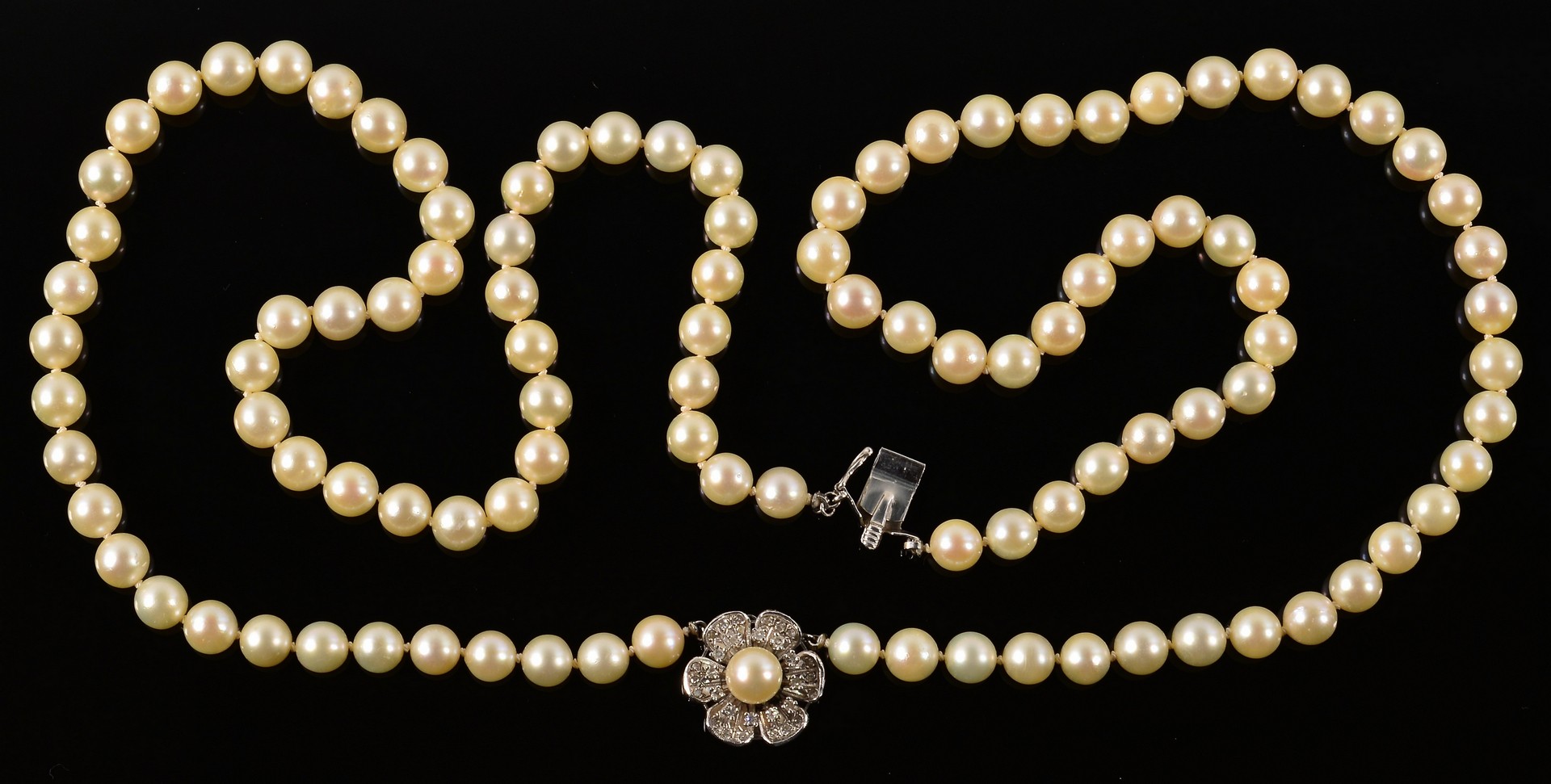 Lot 357: Double Strand Pearl Necklace w/ Dia.& 14K Clasp
