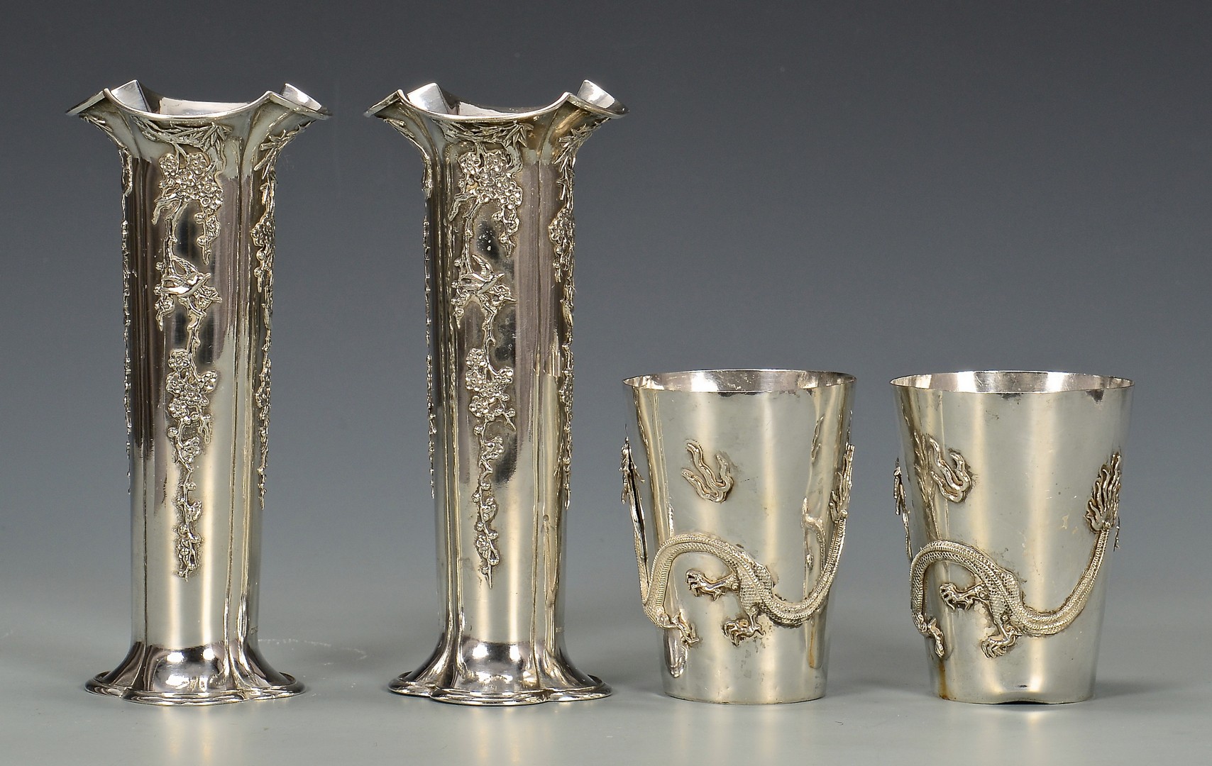 Lot 35: Chinese Export Silver Vases, Cups
