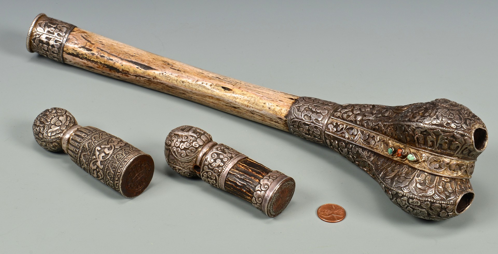 Lot 375: Tibetan Silver Mounted Bone Trumpet & 2 Chops