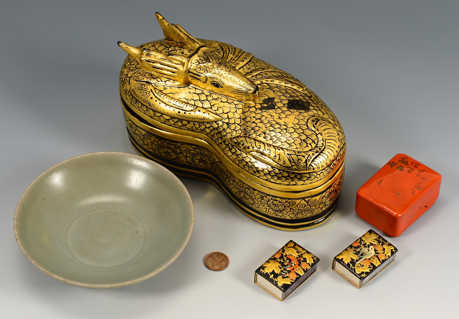 Lot 396: Asian Gilt Lacquer Boxes & Celadon Bowl, 5 items