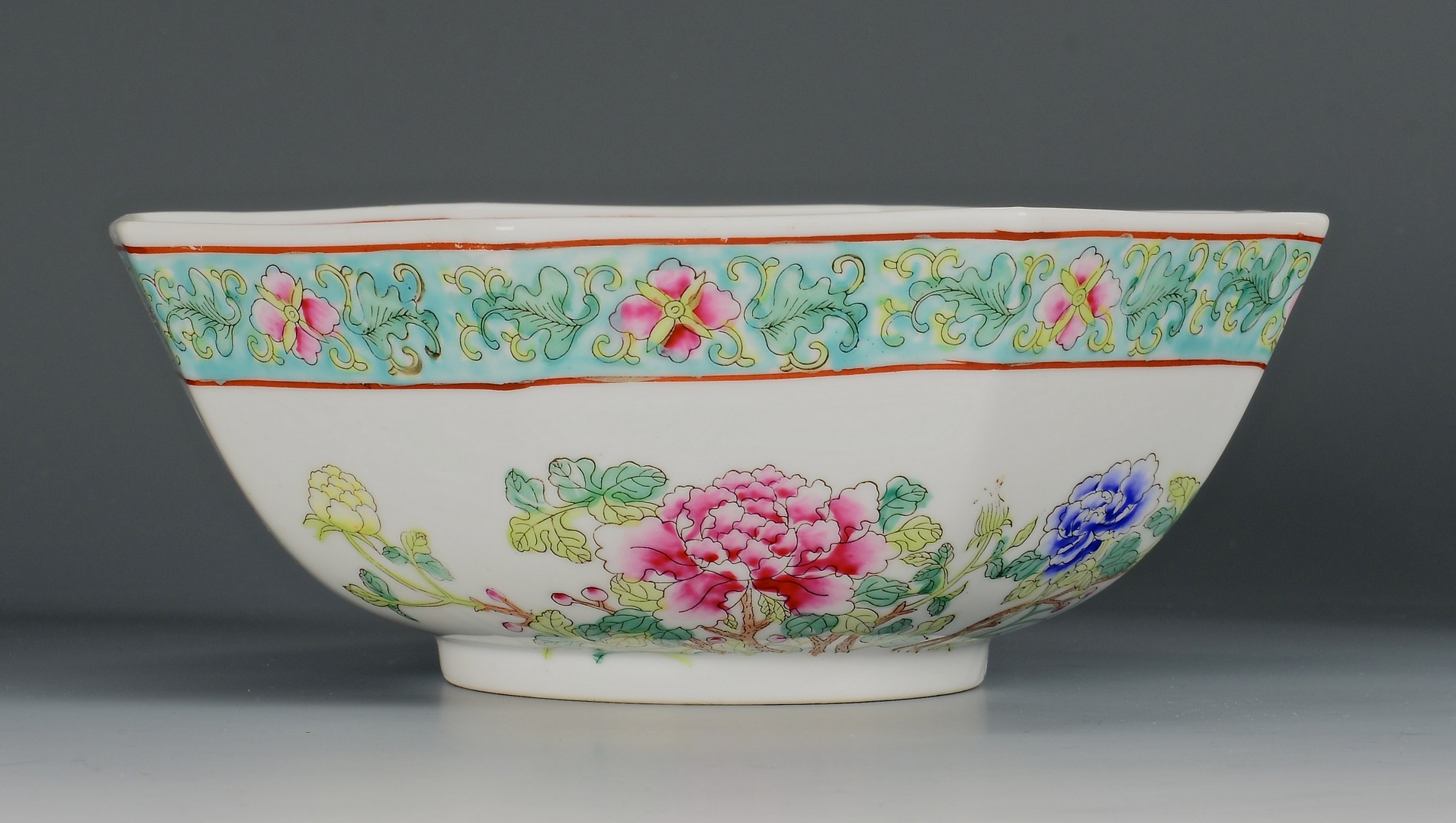 Lot 412: Asian bowl, cup, saucer and vase
