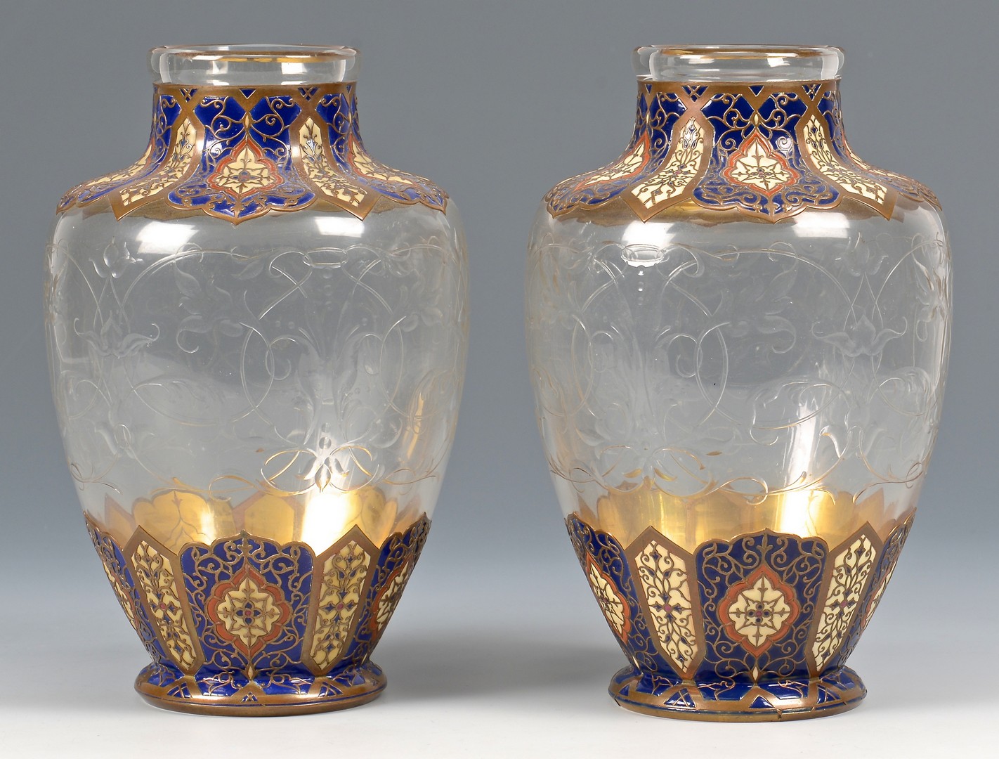 Lot 465: Enameled Glass Vases attr. Russia