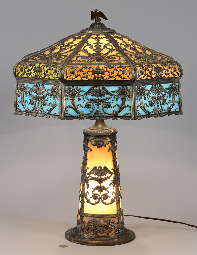 Lot 489: N.W.A.S. Co. Slag Glass Lamp, Patriotic Theme
