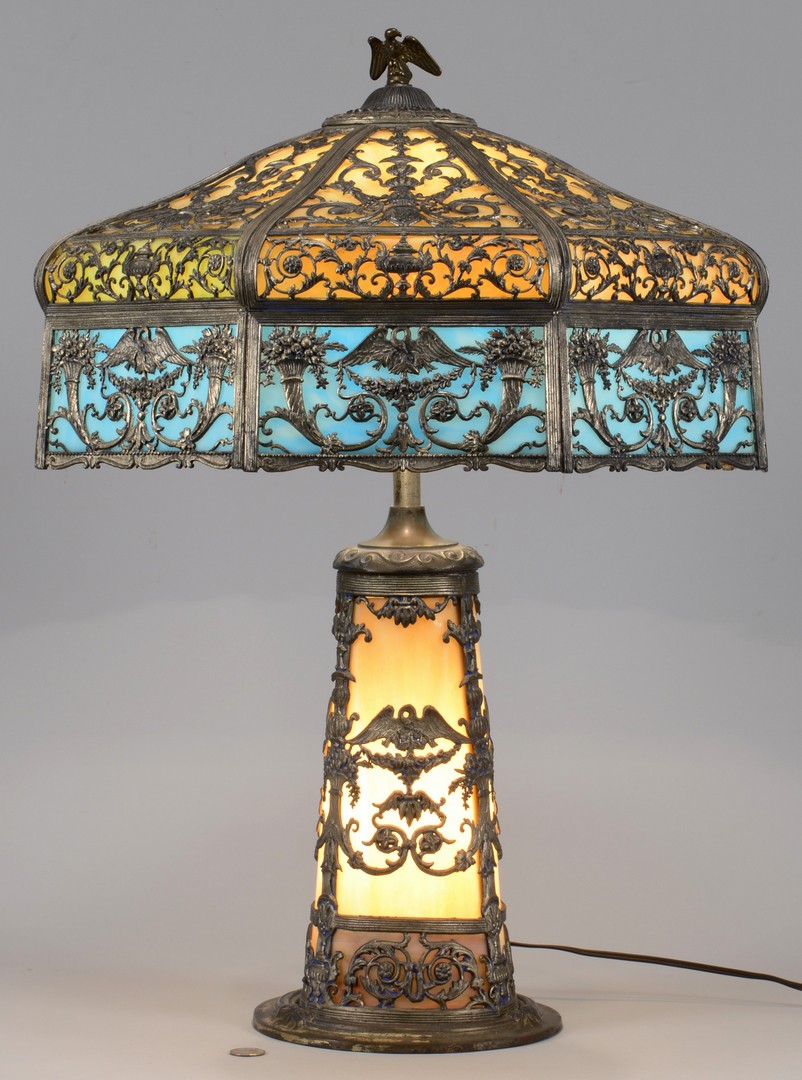 Lot 489: N.W.A.S. Co. Slag Glass Lamp, Patriotic Theme