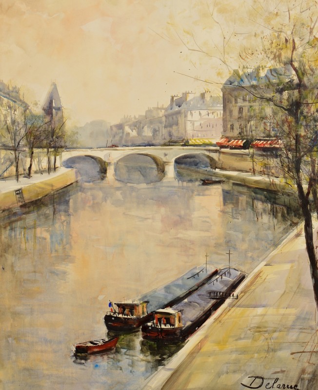 Lot 544: French Watercolor Seine River Scene, DeLaRue