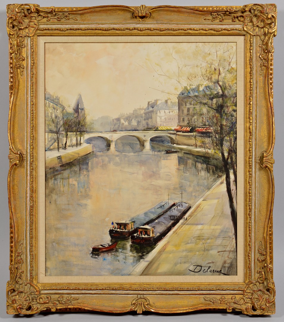 Lot 544: French Watercolor Seine River Scene, DeLaRue