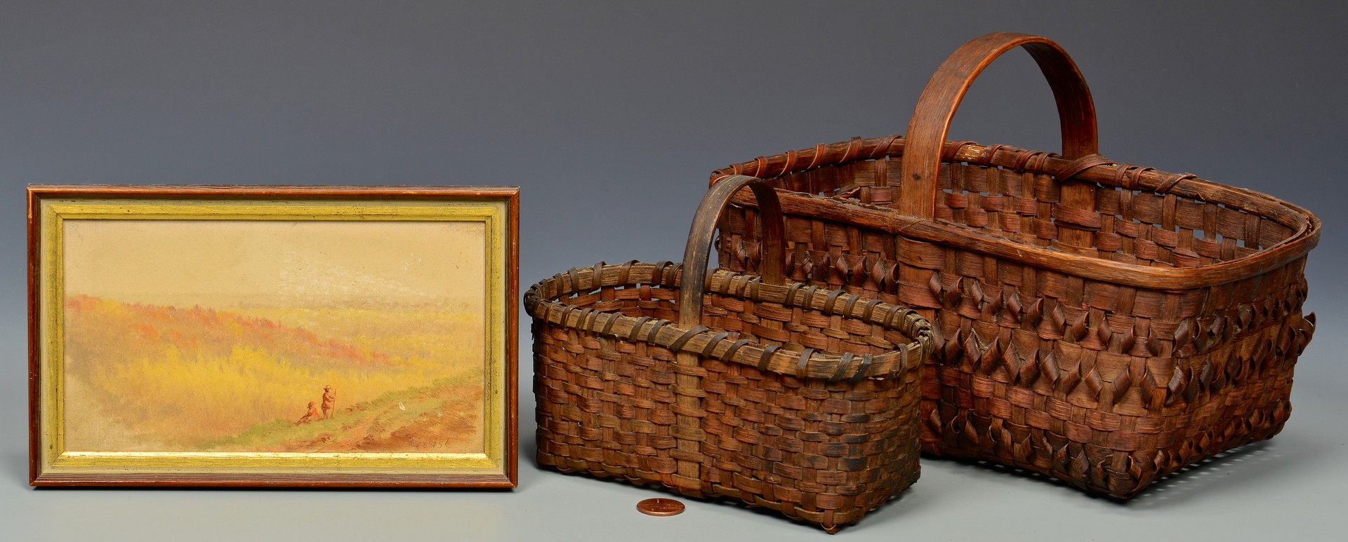 Lot 684: Thomas Campbell small oil & 2 early carrying baske