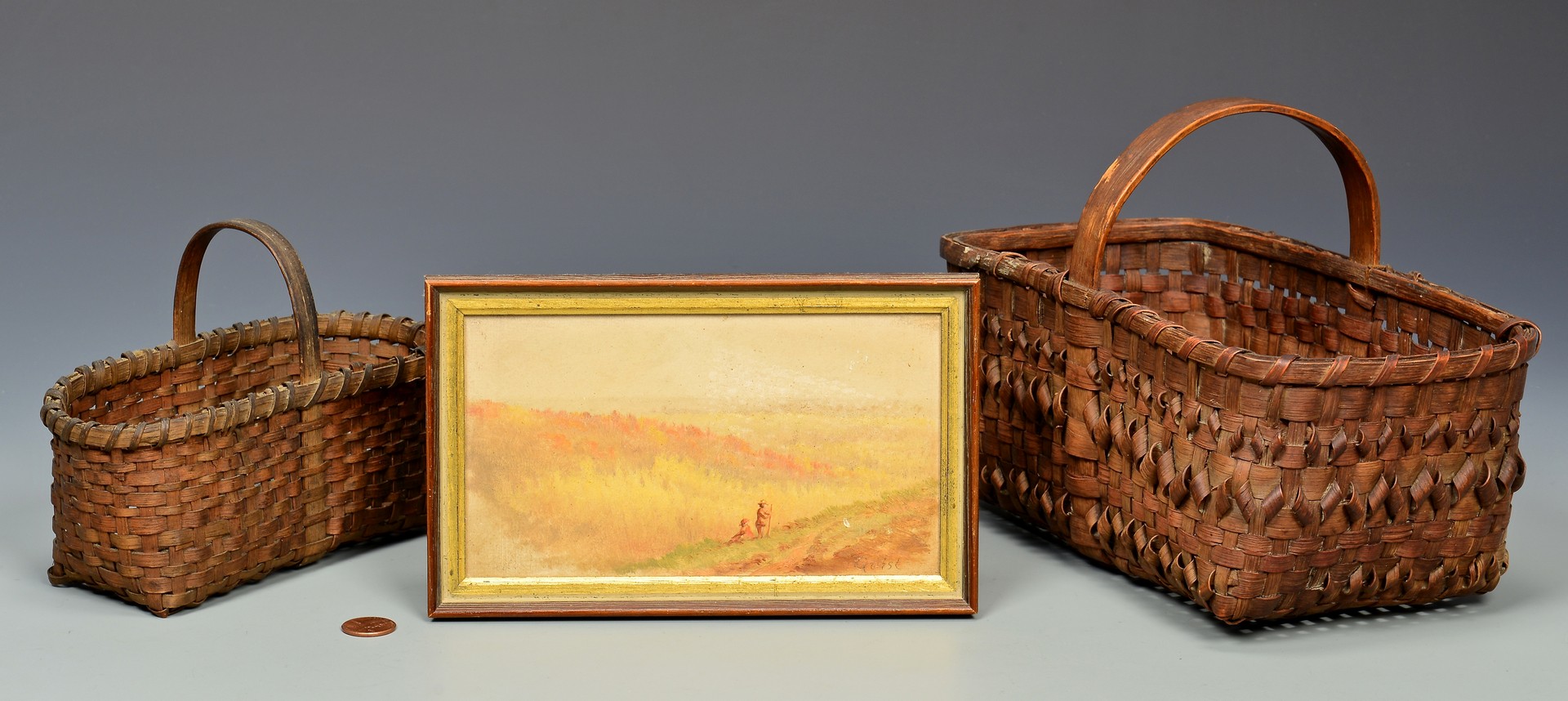 Lot 684: Thomas Campbell small oil & 2 early carrying baske