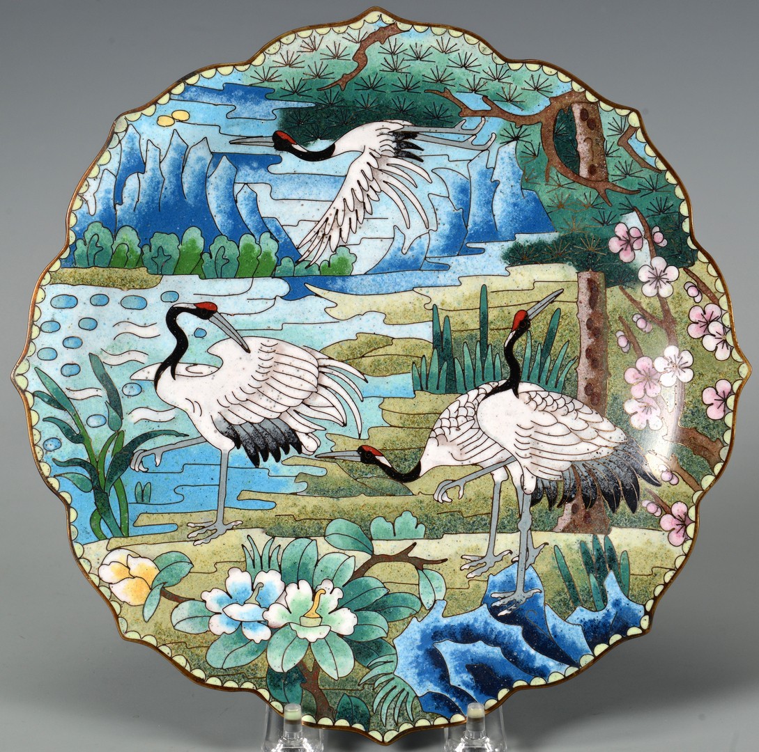 Lot 703: Cloisonne Plate and World's Fair Peacock Ewer