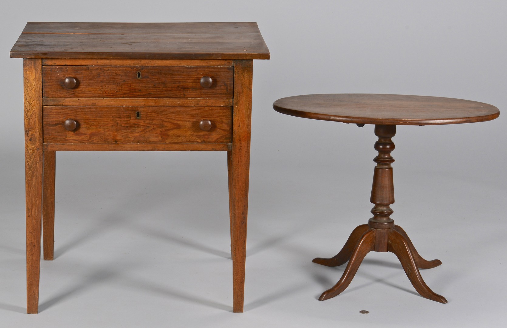 Lot 732: East TN 2 Drawer Stand & Oval Tilt-top Table