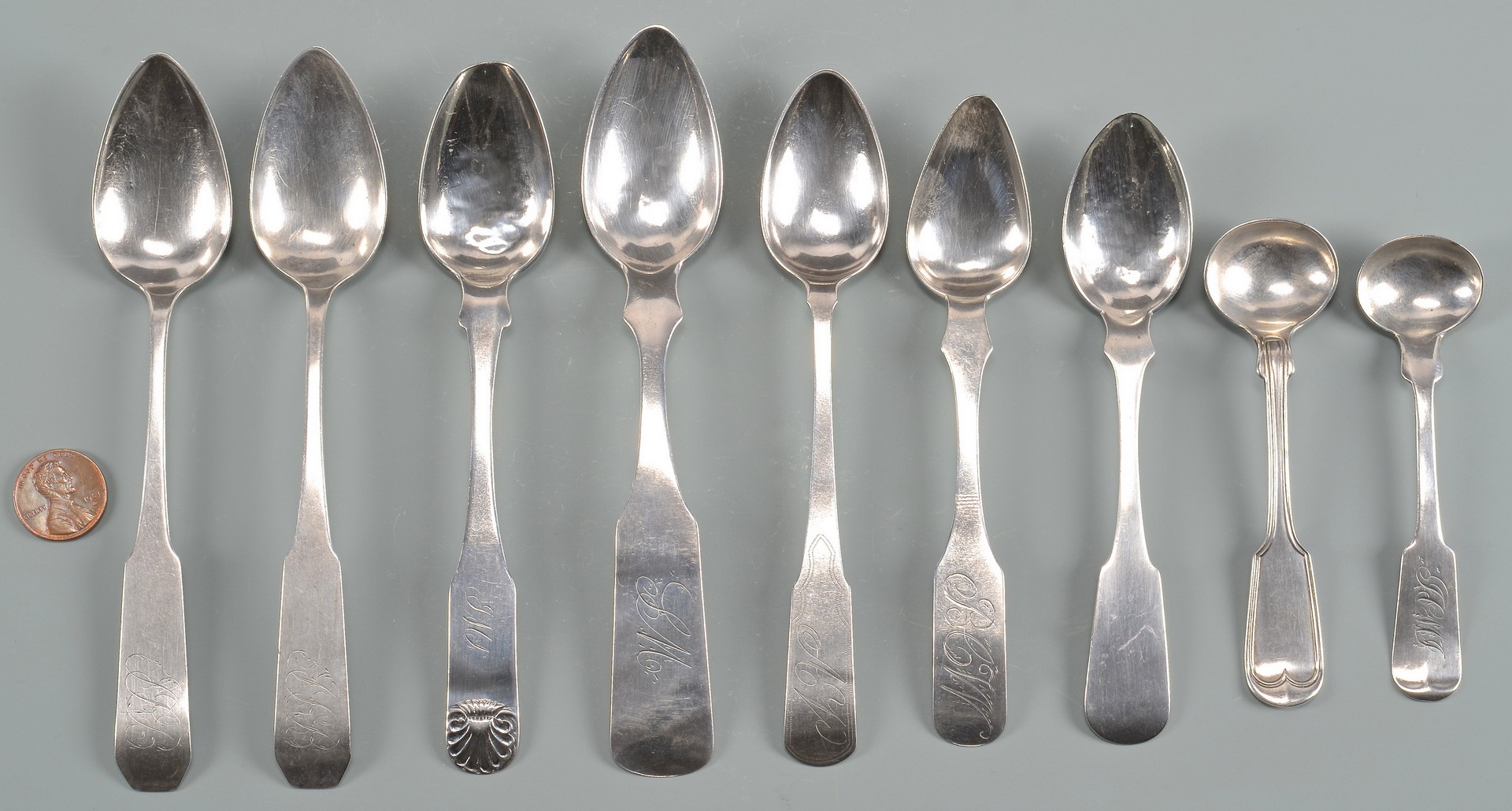 Lot 172: 11 pcs. Coin Silver Flatware mostly Southern