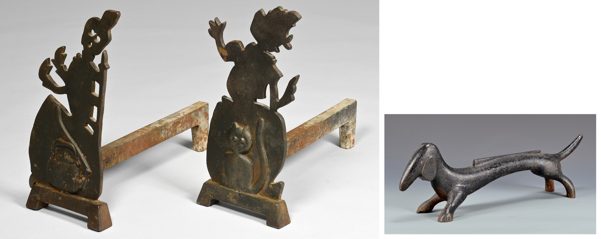 Lot 284: Pr. of Witch Silhouette Form Andirons & Dachshund