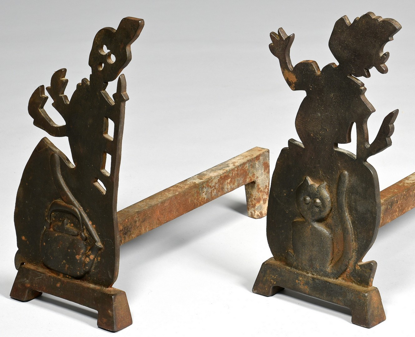 Lot 284: Pr. of Witch Silhouette Form Andirons & Dachshund