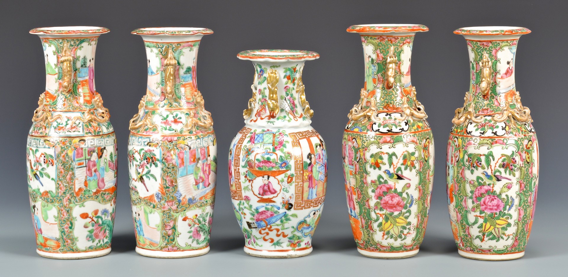 Lot 30: 5 Rose Mandarin Garniture Vases