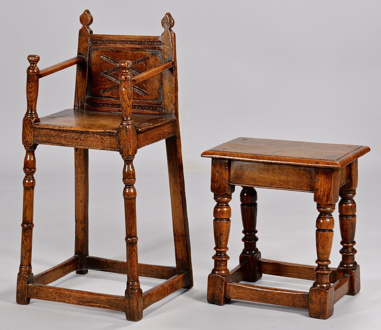 Lot 317: English Jacobean High Chair and small Table/stool