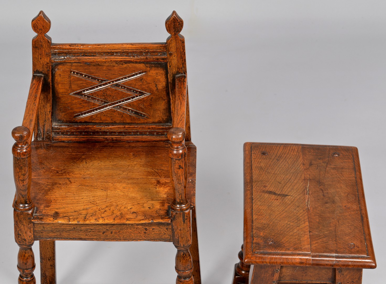 Lot 317: English Jacobean High Chair and small Table/stool