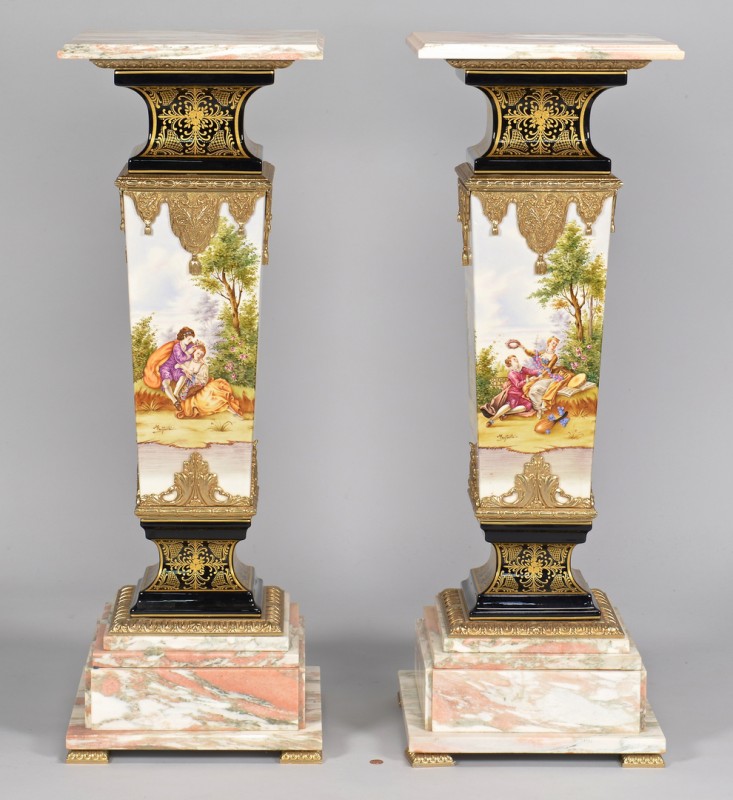 Lot 324: Pr. Sevres Style Porcelain Pedestals w/ Marble