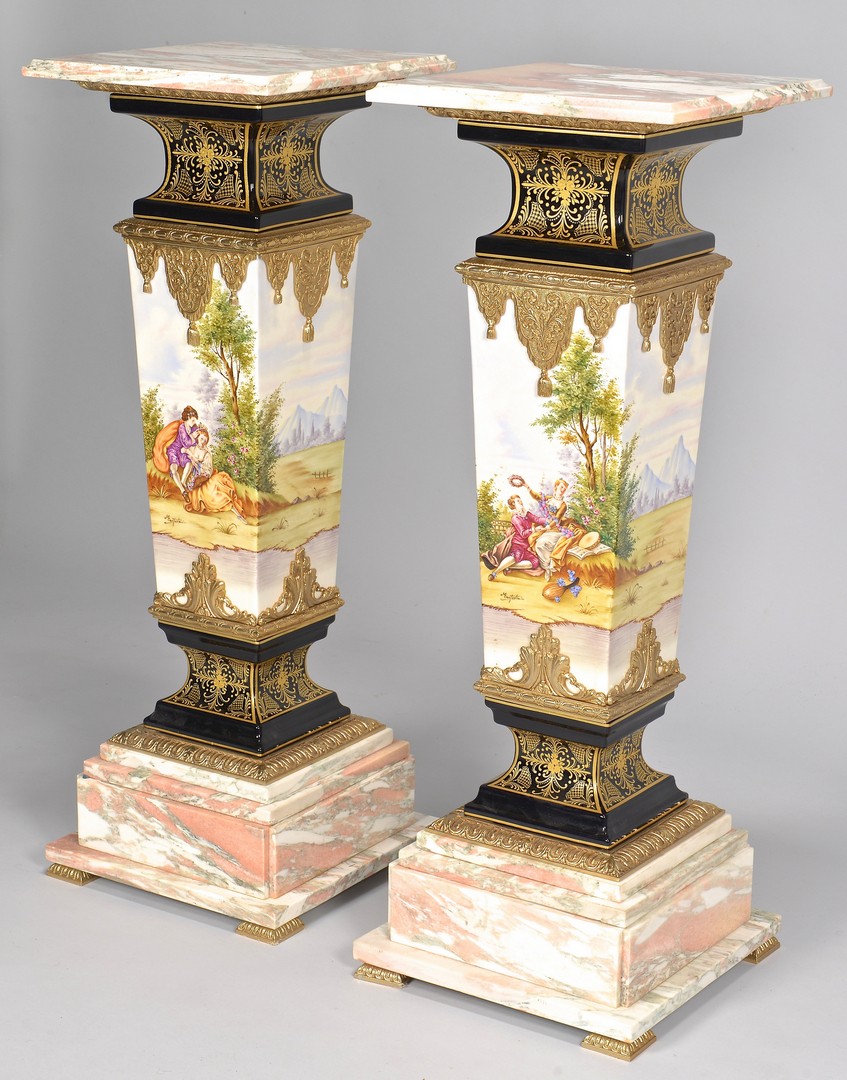 Lot 324: Pr. Sevres Style Porcelain Pedestals w/ Marble