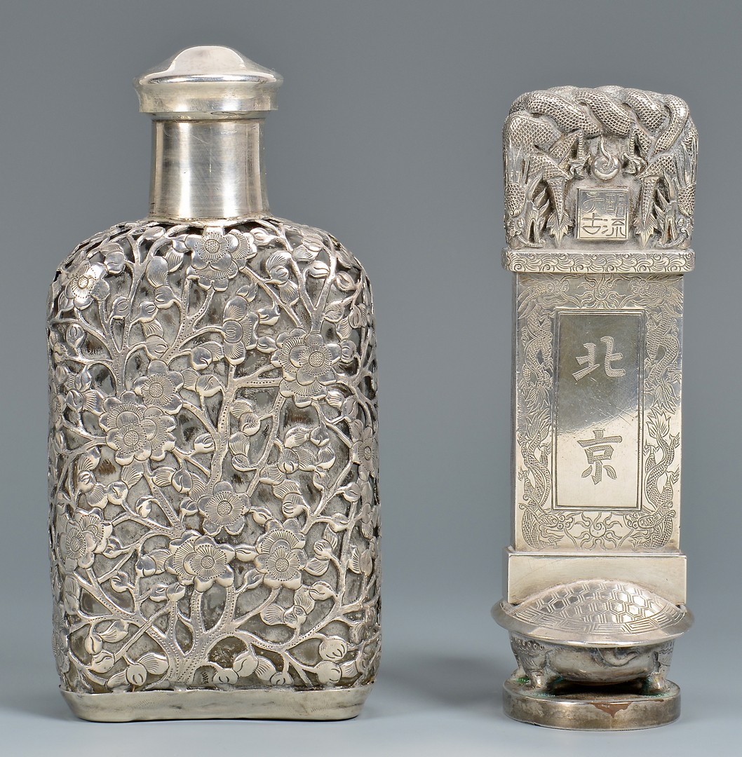 Lot 39: 2 Chinese Export Silver Items, Flask & Miniature B
