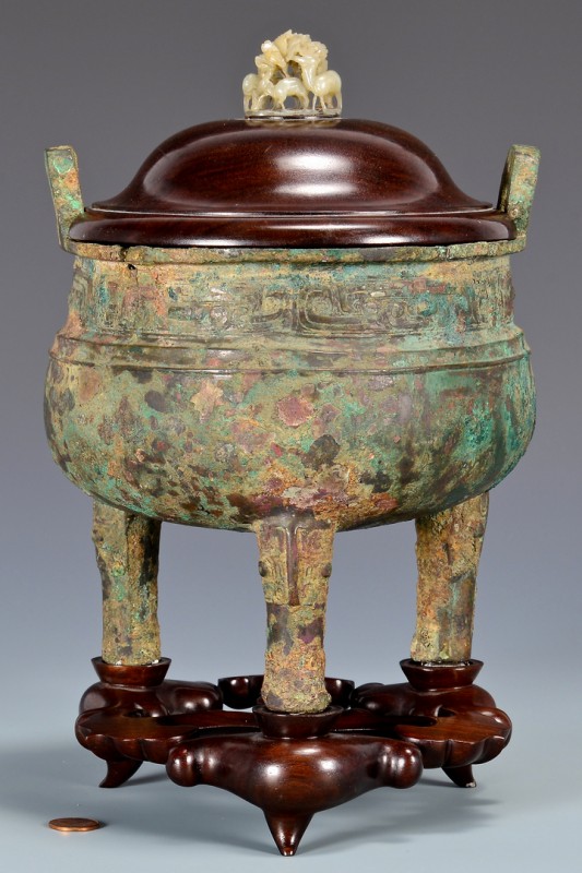 Lot 3: Chinese Archaic Bronze Censer, Jade Finial