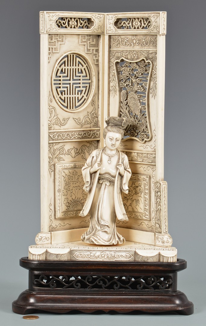 Lot 407: Japanese Carved Ivory Female & Screen, 2nd Quarter