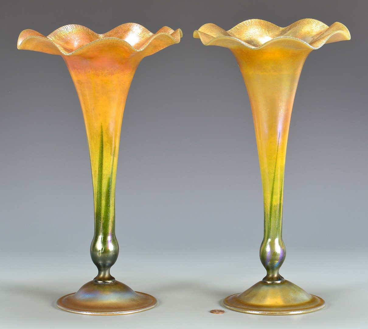 Lot 477: 2 Tiffany Favrile Scalloped Trumpet Vases
