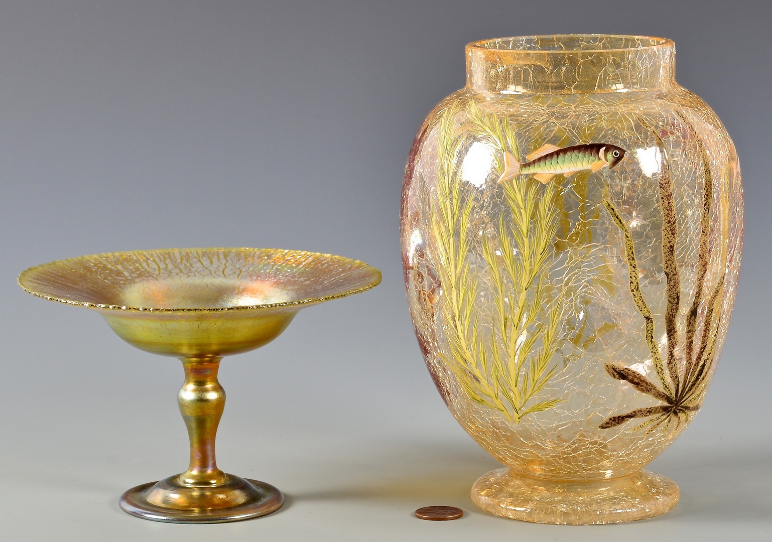 Lot 478: Tiffany Favrile Compote & Crackled Art Glass Vase