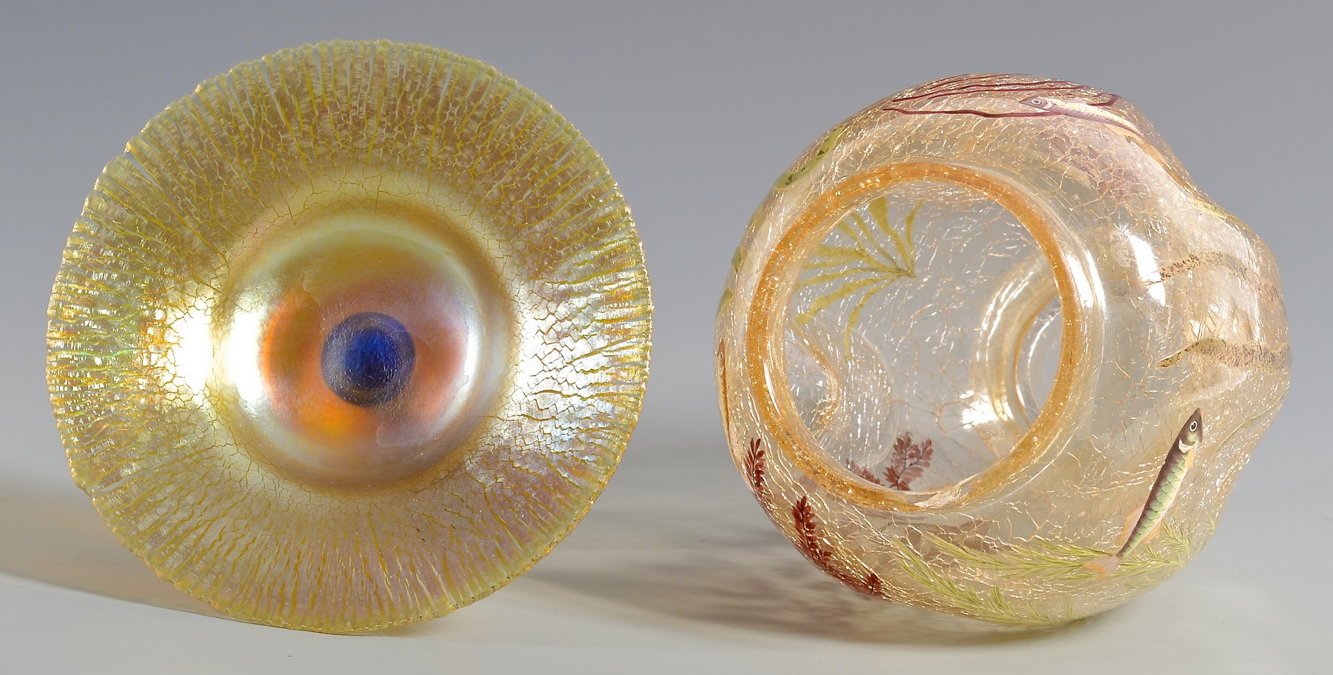 Lot 478: Tiffany Favrile Compote & Crackled Art Glass Vase