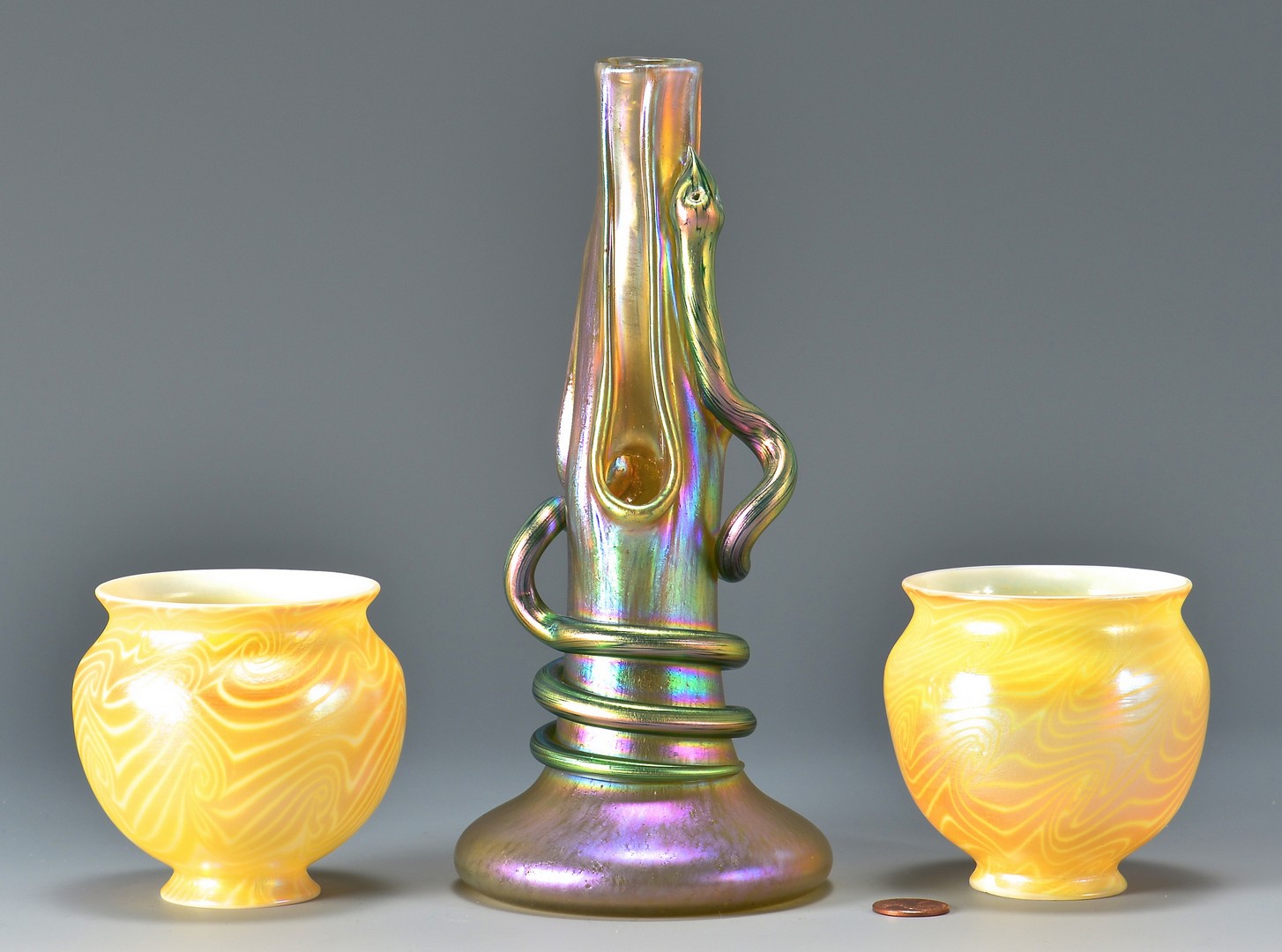 Lot 486: Loetz Glass Snake Vase & Durand Glass Shades