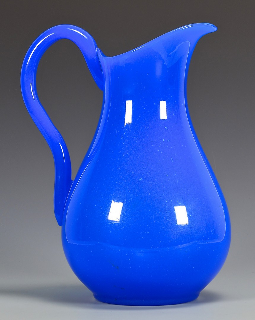 Lot 489: French Blue Opaline Glass Pitcher & Bowl
